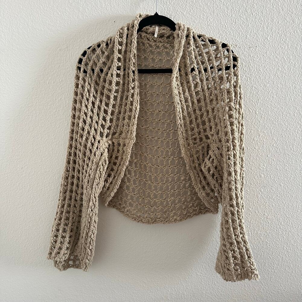 Free People Open Weave Crochet Shrug Bolero Sweater Tan Size Large